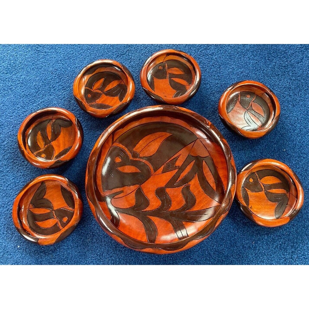 Vintage 14” Hand Carved 2 Tone Wooden Round Bowl with 6 Small Bowls Fish Etching